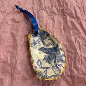 Blue Botanical Bird Hanging Ornament with Gold Edged Detail